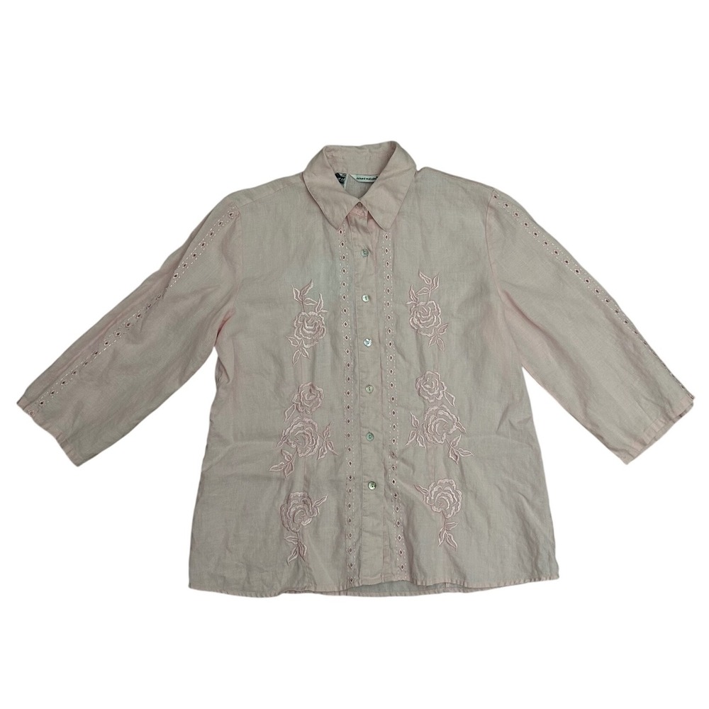 Richard Malcolm Pink Irish Linen Floral Embroidered Eyelet Shirt Womens L button